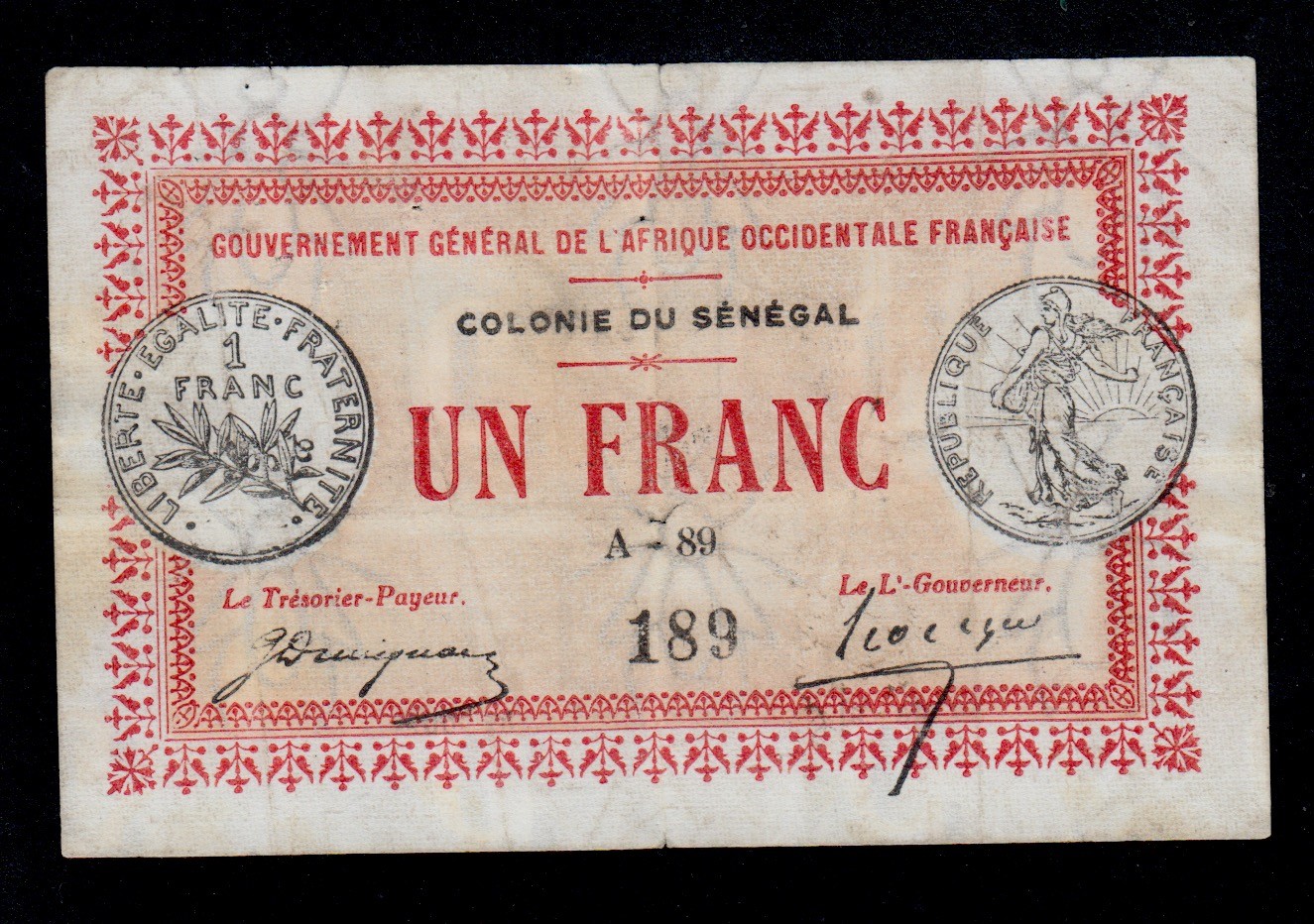 SENEGAL 1  FRANC  L.  1917   PICK # 2b  F-VF.