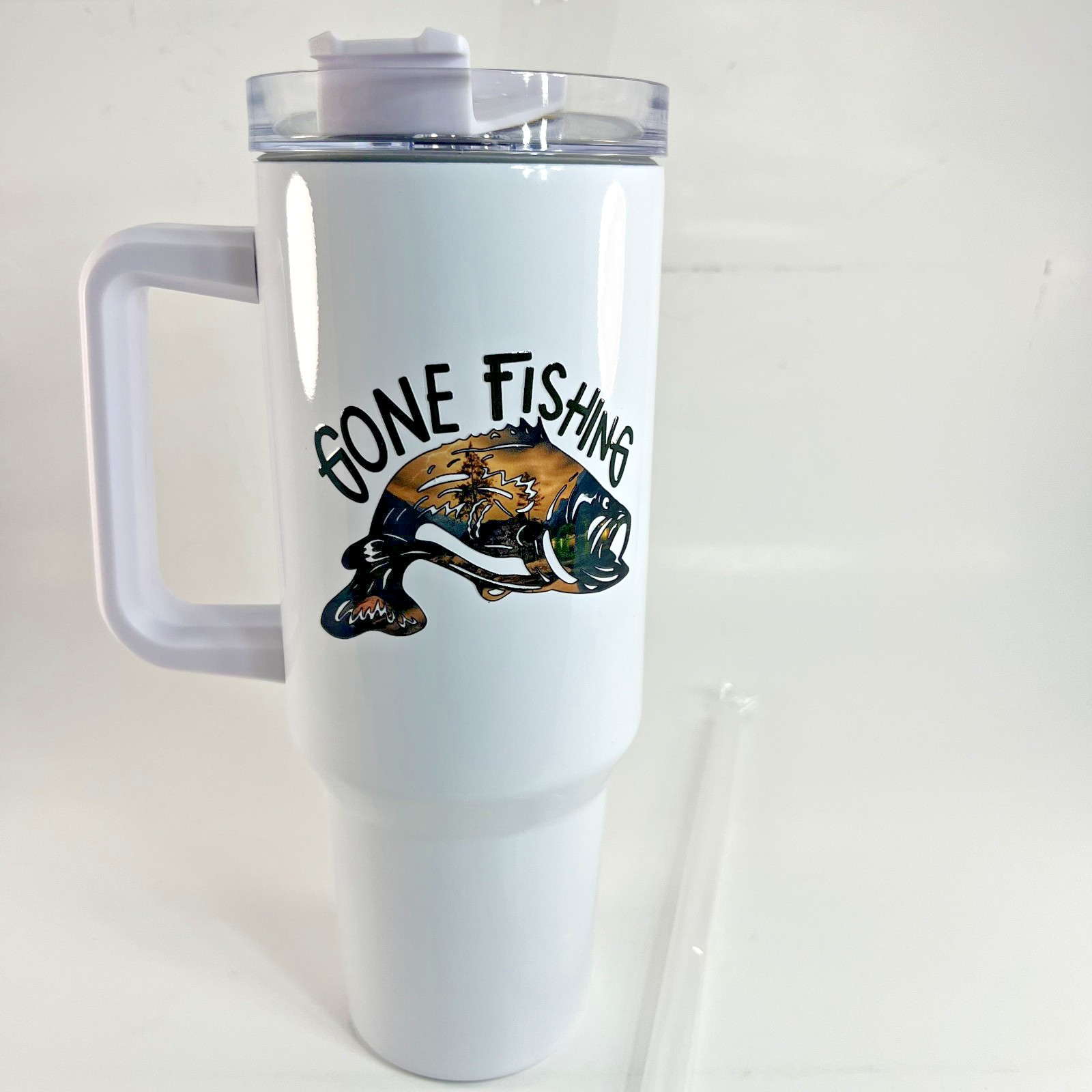 Stainless Steel 30oz Travel Tumbler Gone Fishing Bass Graphic Handle Mug