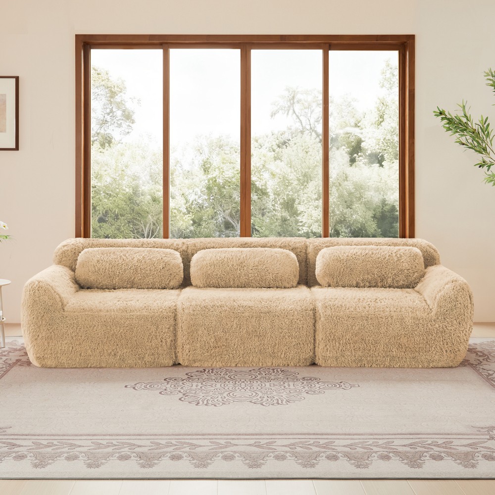 114'' Modular Sectional Sofa w/ Ottoman & Pillows, Plush Fabric, Light Khaki