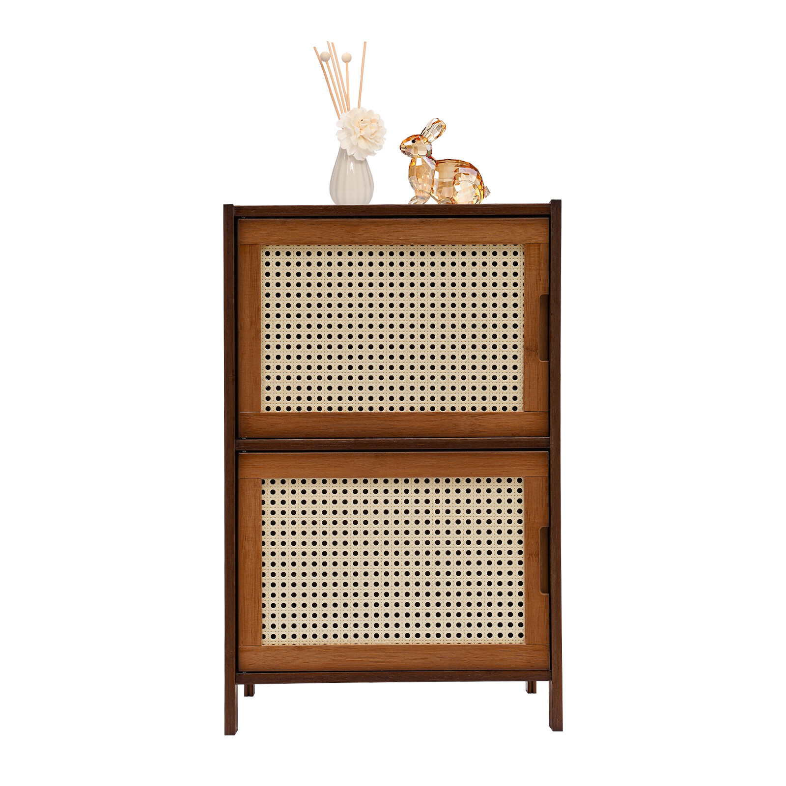 Nightstand With Decor Drawers Rattan Pattern End Table - Bamboo Sofa Side Table