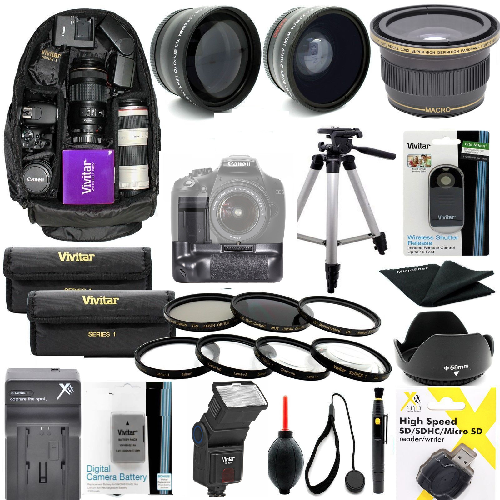 CANON EOS REBEL T5I ULTIMATE PRO LENS FILTER FLASH TRIPOD GRIP BACKPACK BATT KIT