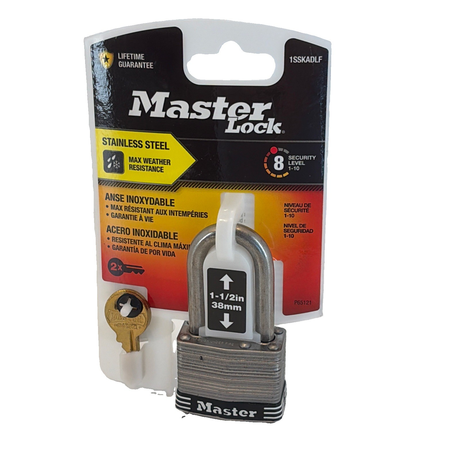 Master Lock Stainless Steel Padlock 1SSSKADLF 1-1/2 in Shackle Clearance 2 Keys