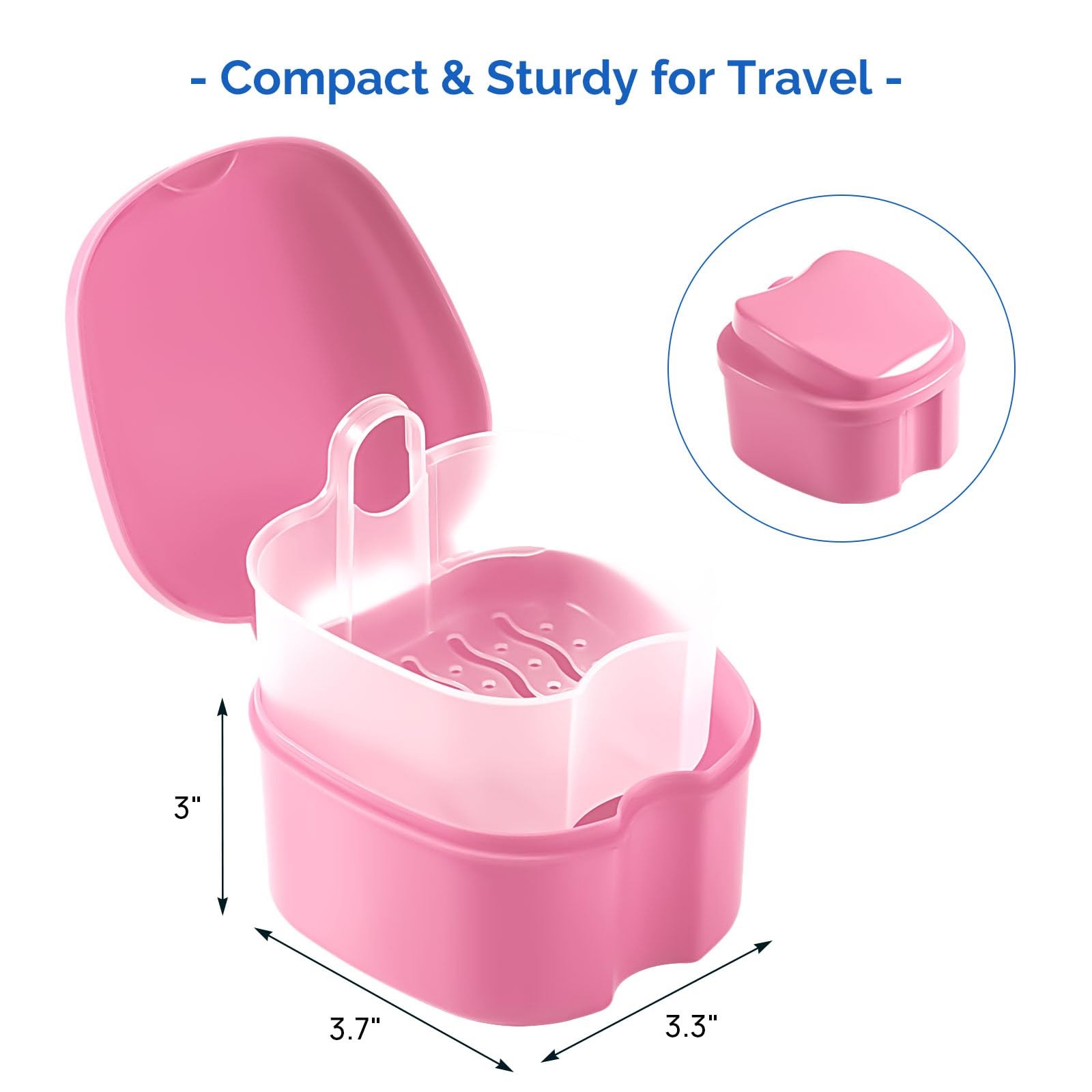 JMU Denture Bath Case, Cup for Soaking Dentures with Small, Pink