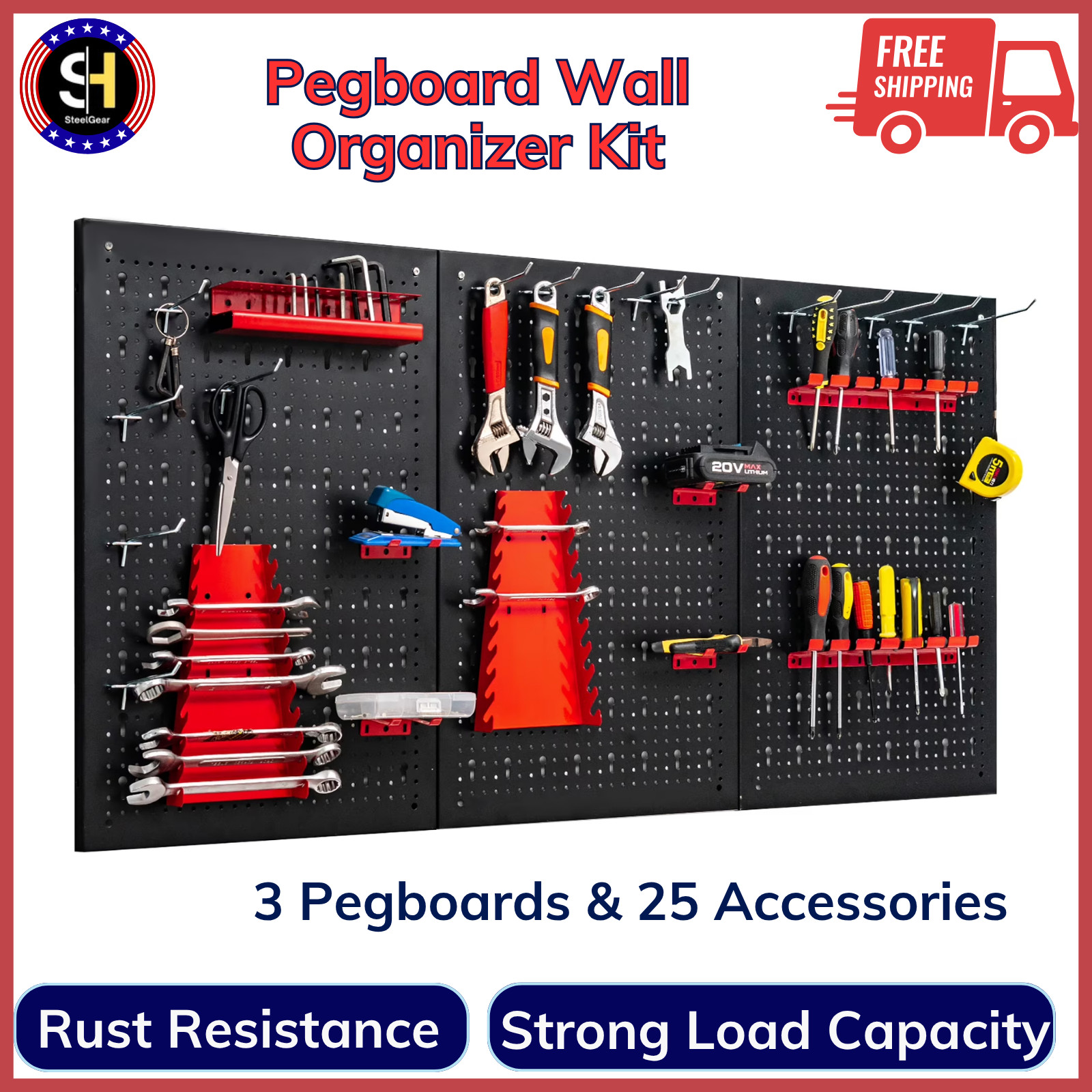 Pegboard Wall Organizer Kit 4 ft Metal Toolboard W/ 25 Accessories & 3 Pegboards