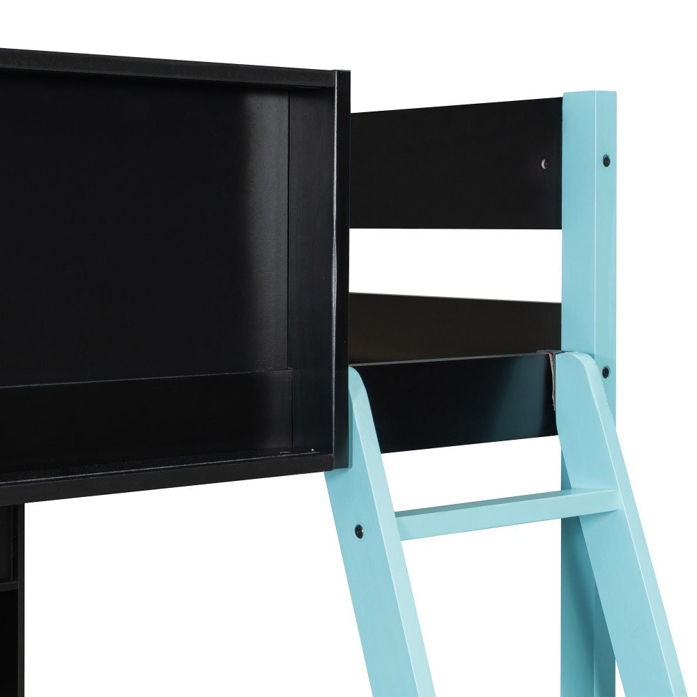 Full Size Wood Loft Bed with Desk, Ample Storage Space and Light Blue Bed Frame