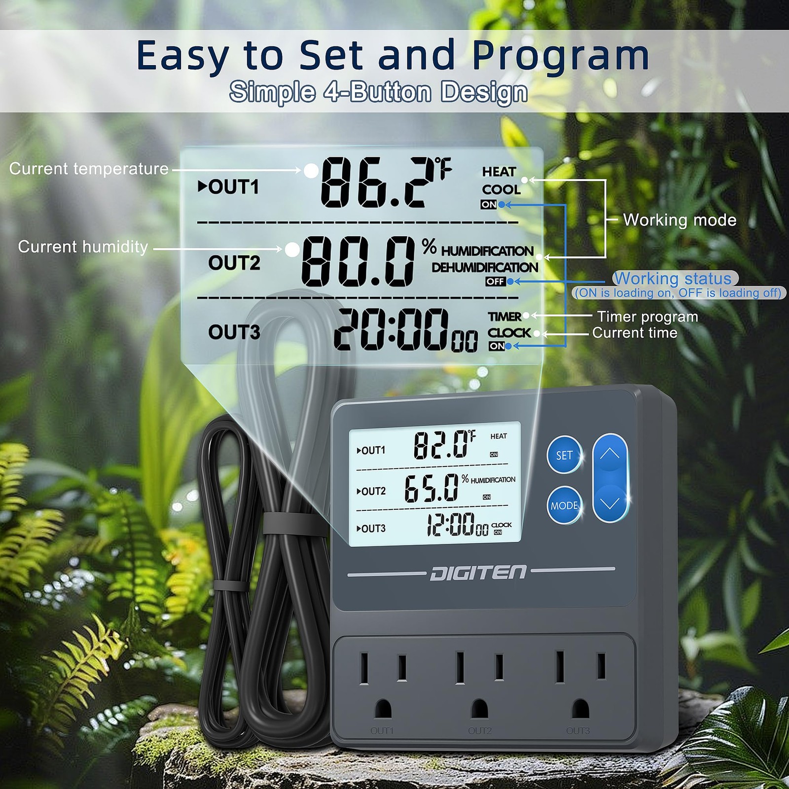 DIGITEN Reptile Temperature and Humidity Controller with Timer Outlet, Gray