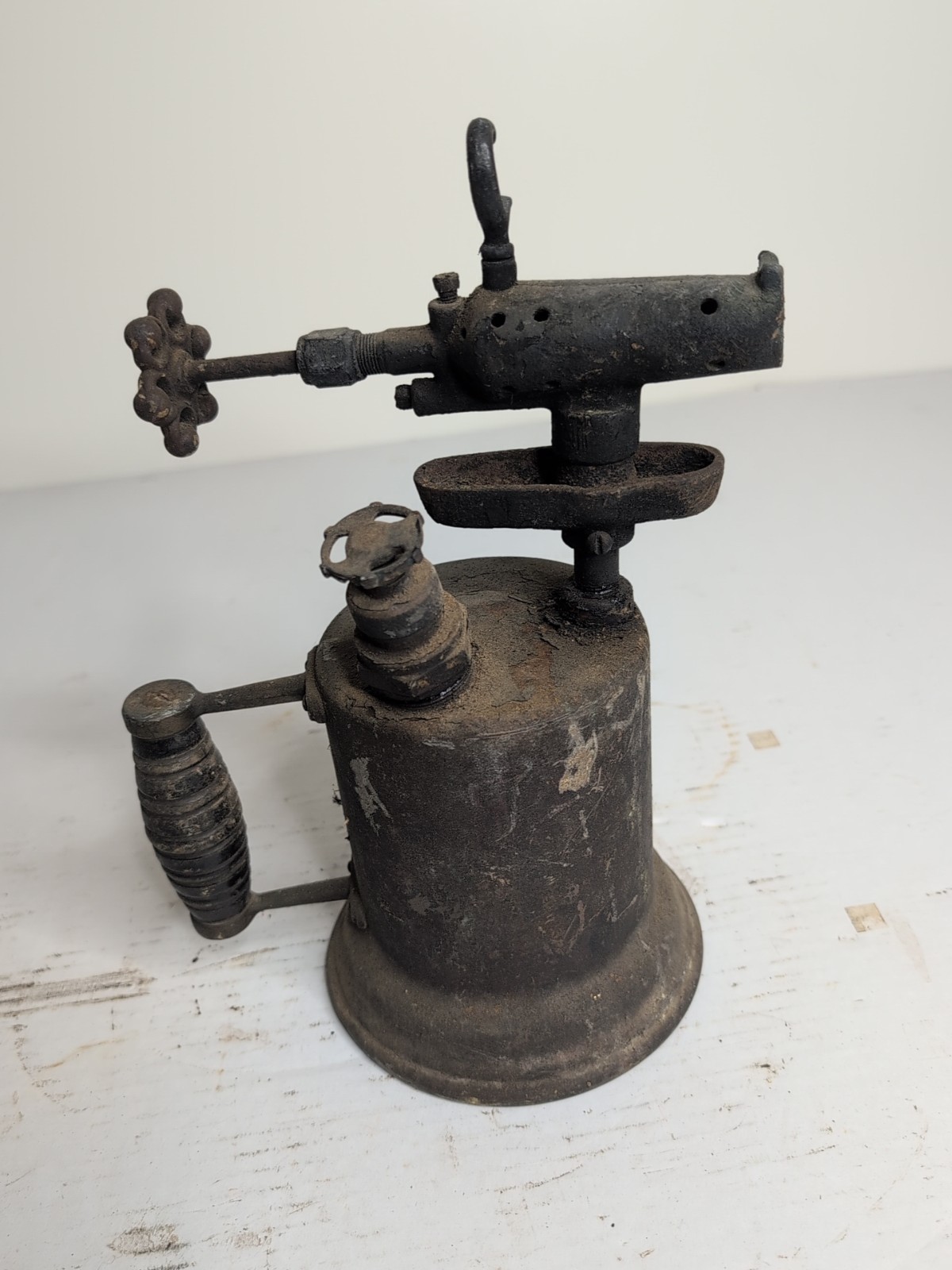 Vintage Antique Primitive Brass Metal Blow Torch Wood Handle Hand Tool