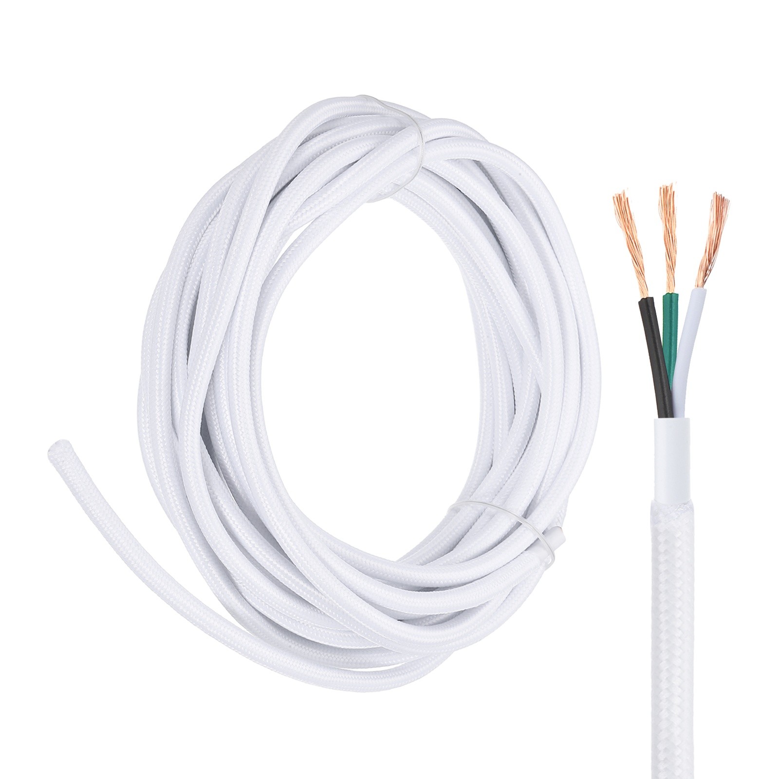 25Ft 18AWG 3 Conductor 300V Cloth Covered Lamp Wire Cord, White