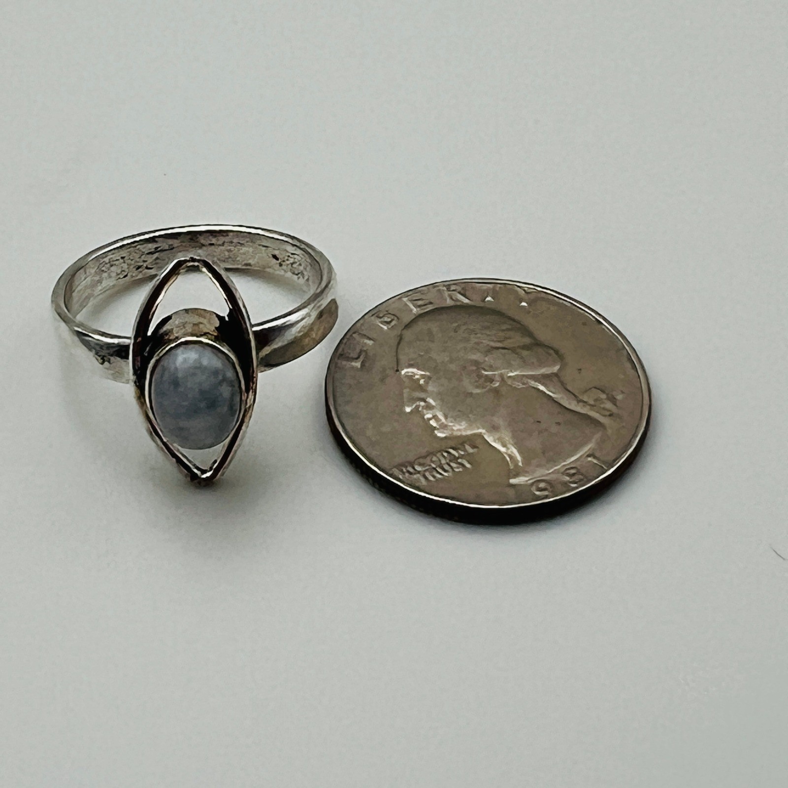 Silver Tone Ring Oval White Cabochon Modern Artisan Boho Statement Size 9 1/4