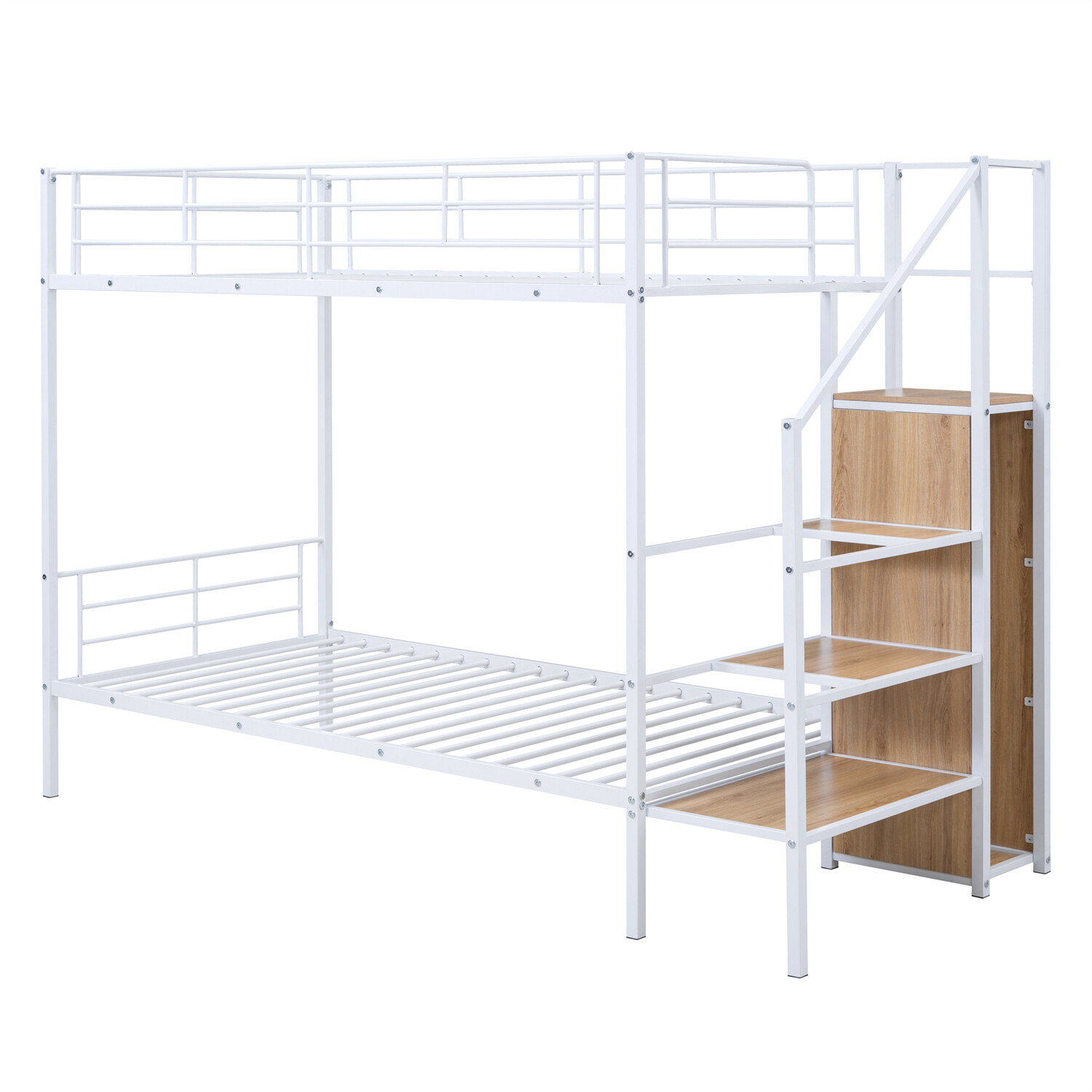 Twin Over Twin Metal Bunk Bed Metal Bed Frame w/ Storage Ladder White/Black