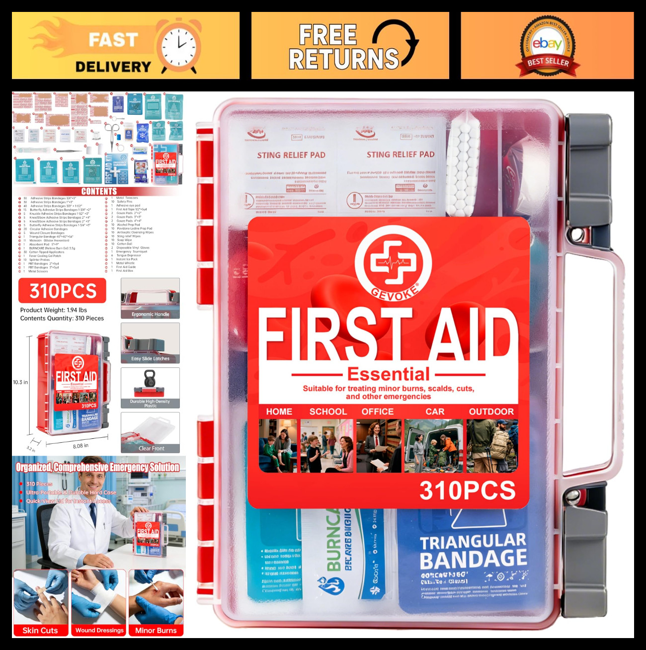 Comprehensive 310-Piece First Aid Kit - Hard Case for Home, Travel, Camping & Em