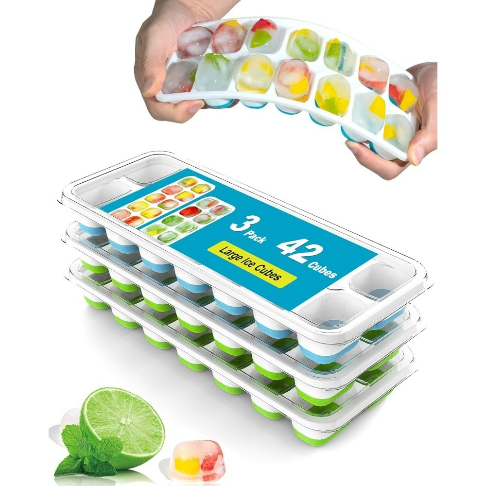 Silicone Ice Cube Trays 3 Pack with Lids 42 Cubes Easy Release Stackable Leak