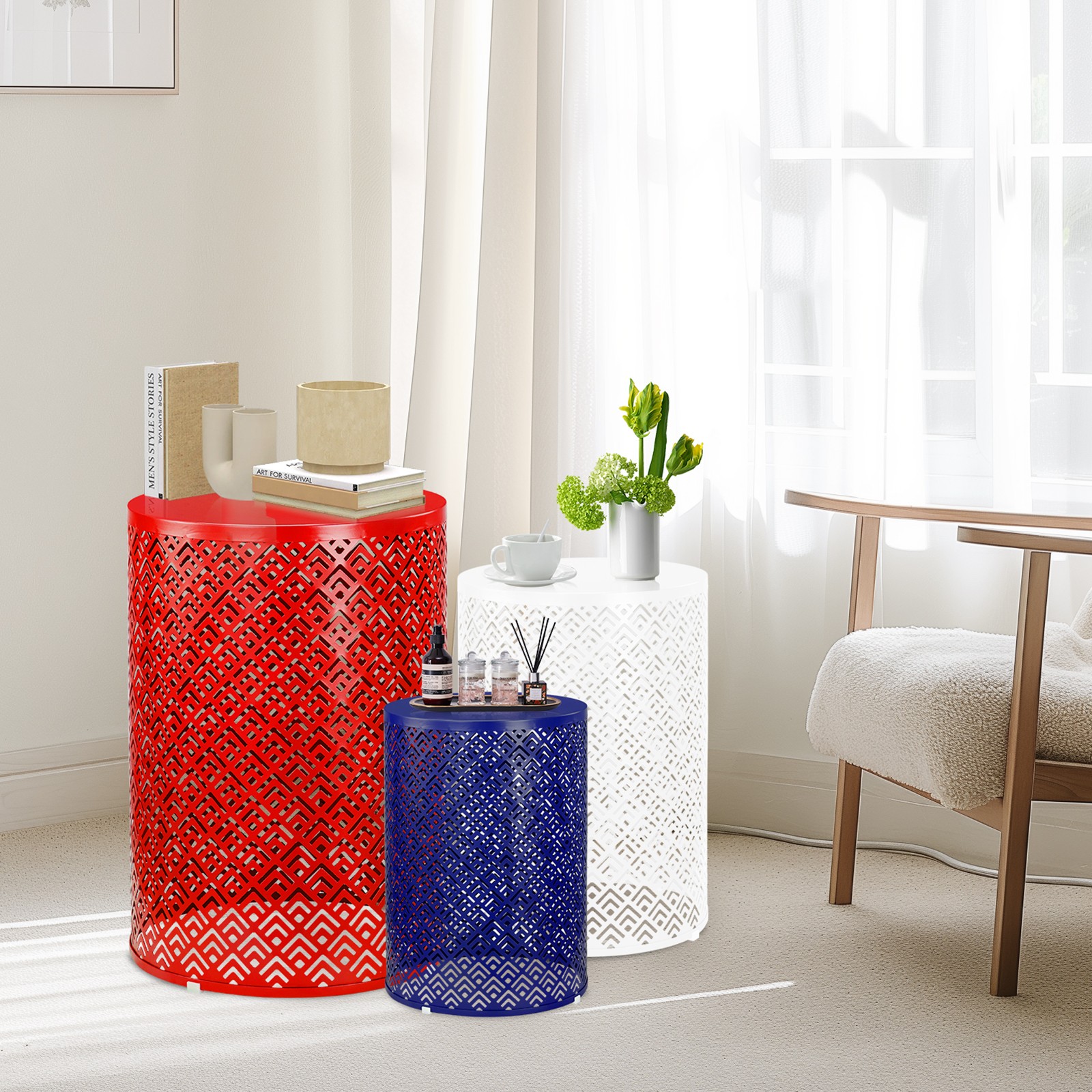 Nesting Side Table Set of 3, Round Patio Accent Table, Metal Frame End Table