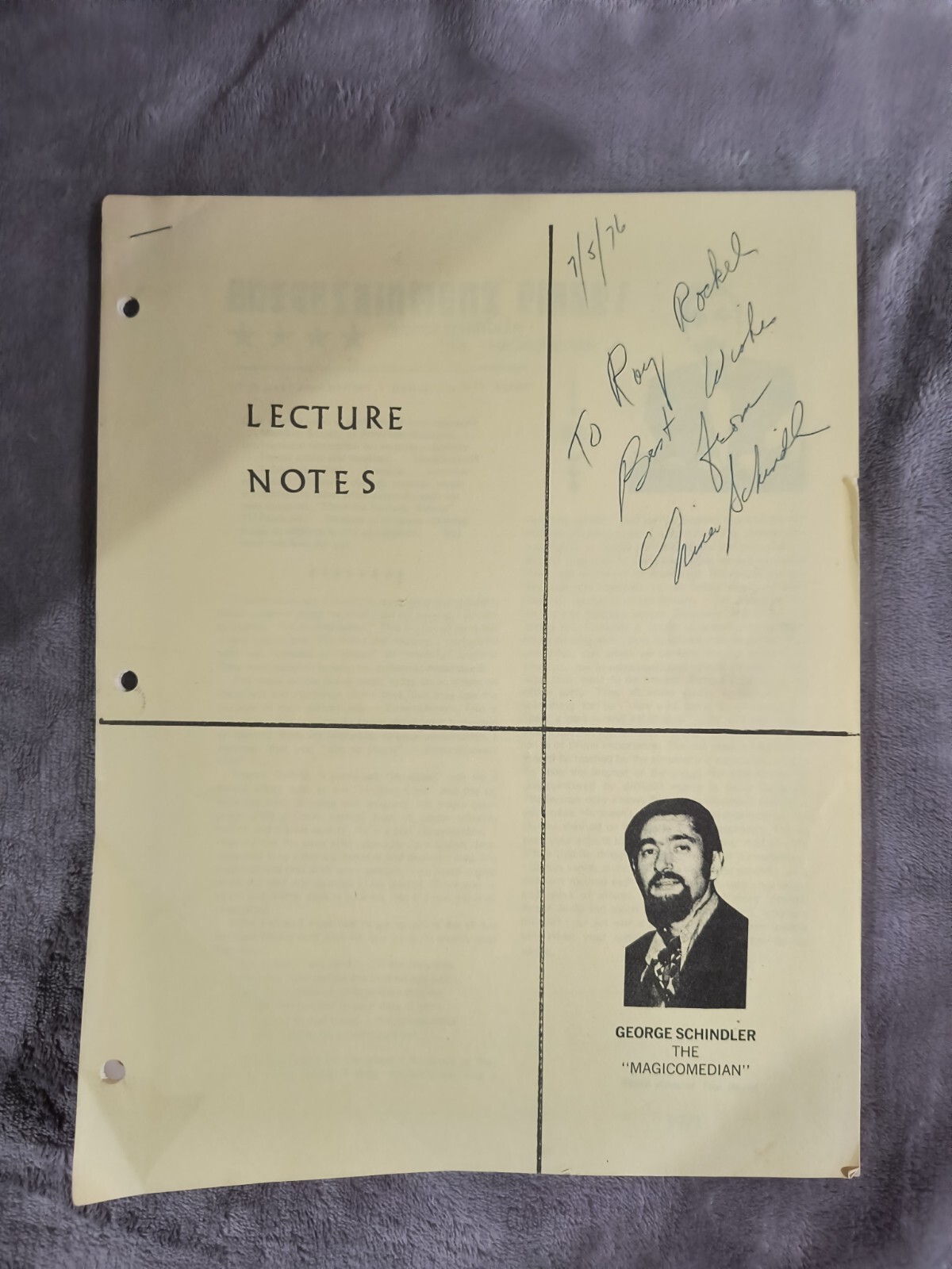 George Schindler Signed Lecture Notes - Magic Trick Booklet