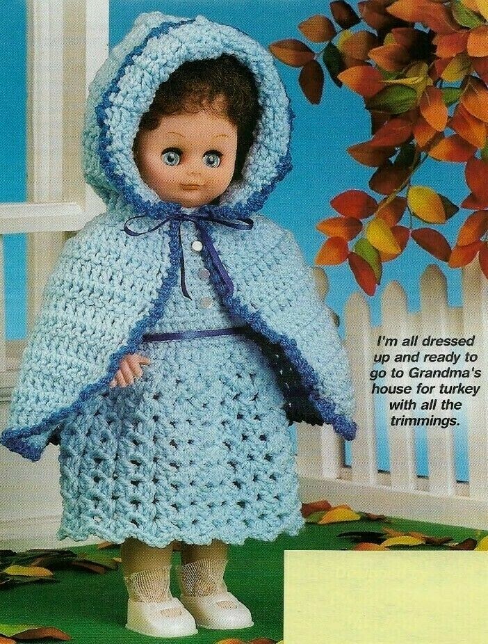 BLUE SKIES DOLL DRESS & CLOAK 13" DOLL DIGEST SIZE CROCHET PATTERN INSTRUCTIONS