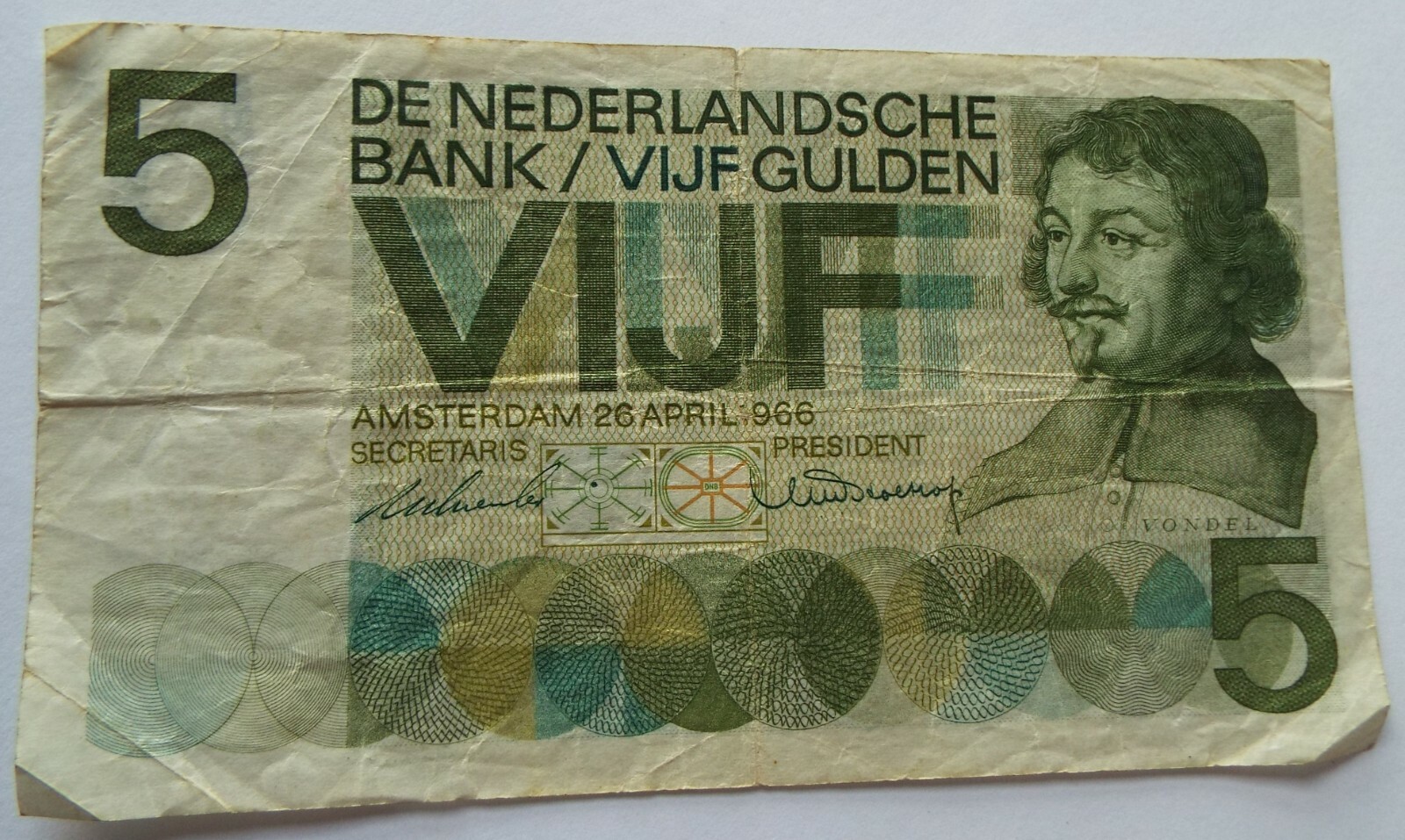 1966 5 GULDEN Banknote De Nederlandsche Bank NETHERLANDS Holland Dutch European