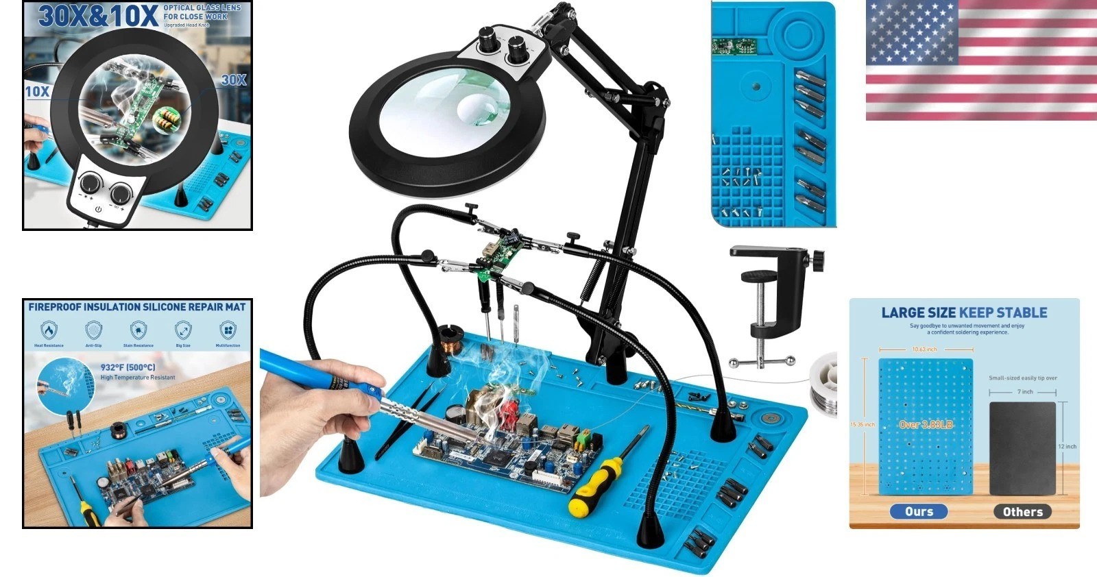 Pro Helping Hands Soldering Mat 30X Magnifier Stepless Dimming
