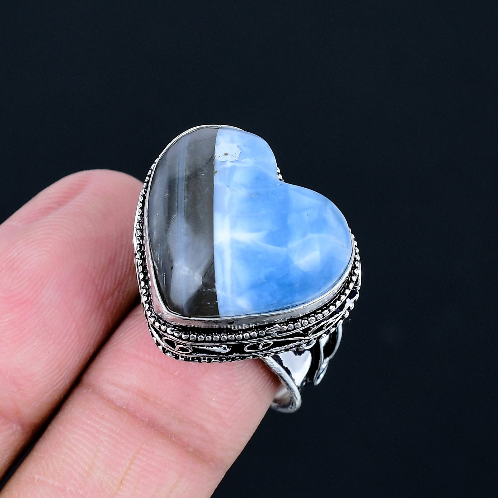 Natural Blue Opal Gemstone 925 Sterling Silver Heart Vintage Adjustable Ring e96