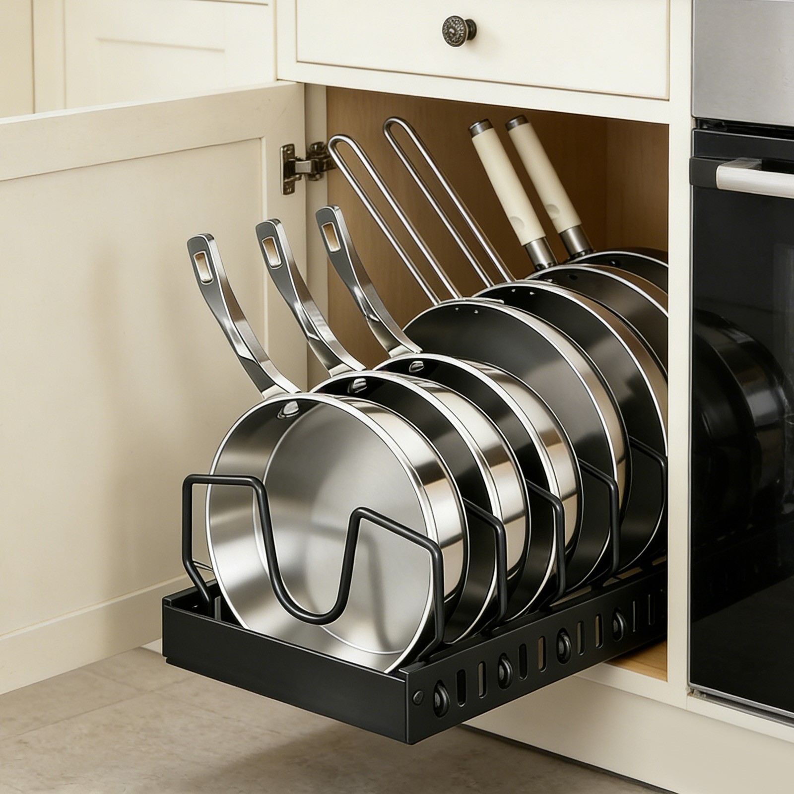 Kitchen Pans Organizer, Pull Out 8-Partition Pans Organizer with Slide Rails