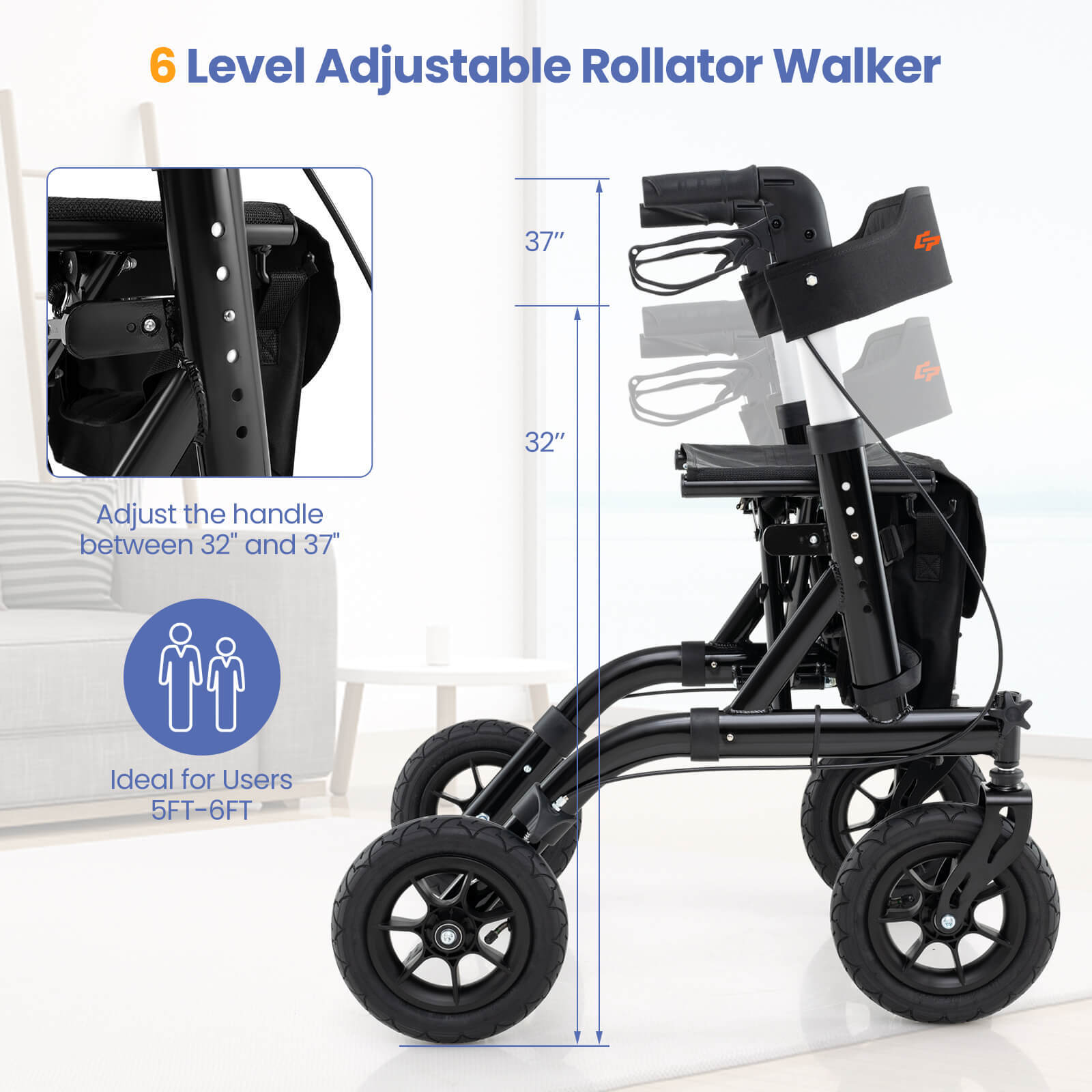 Foldable Height Adjustable Rollator Walker w/ Seat, Storage Bag for Seniors
