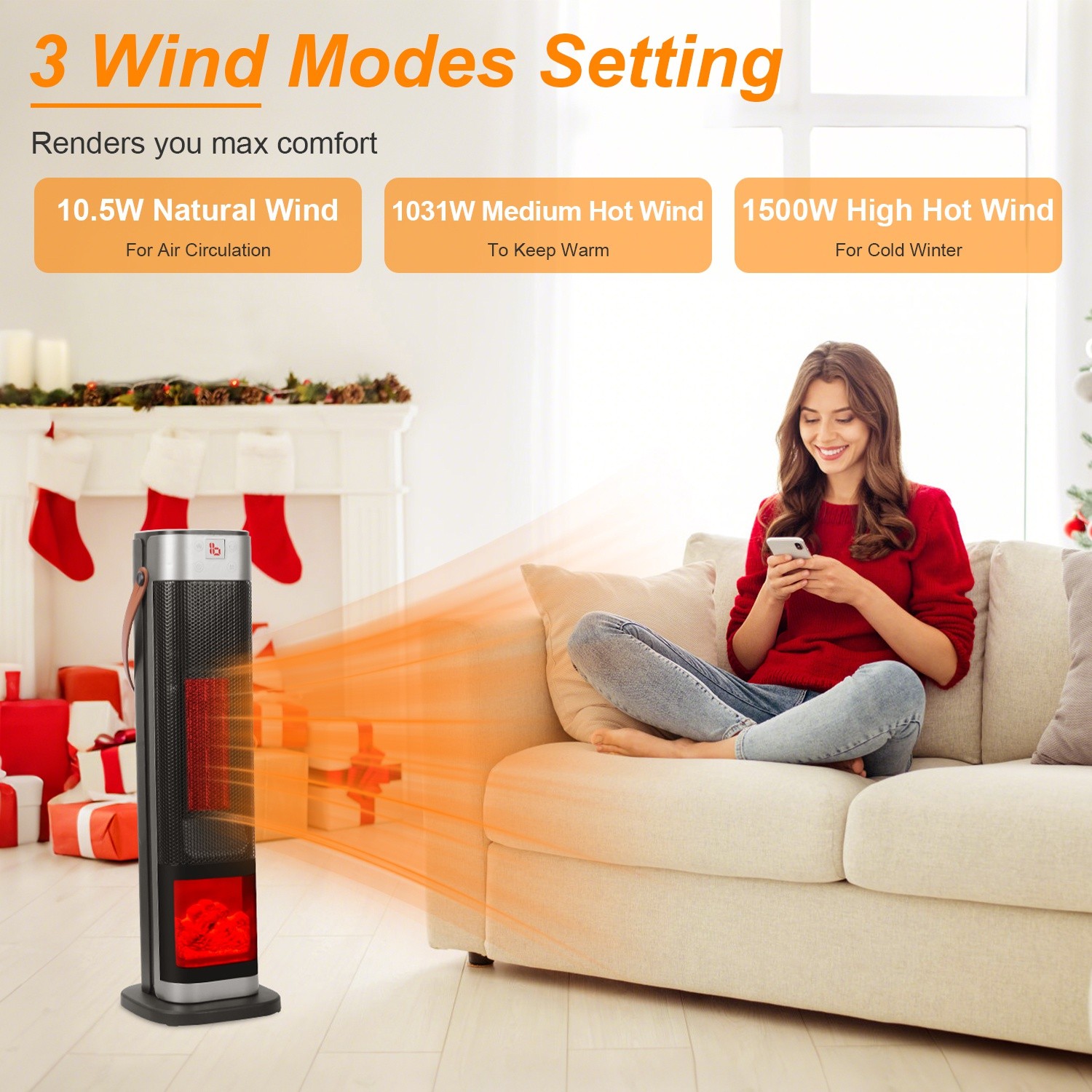 Space Heater 90°Oscillating 1500W Electric Ceramic Tower Heater w/Remote Control