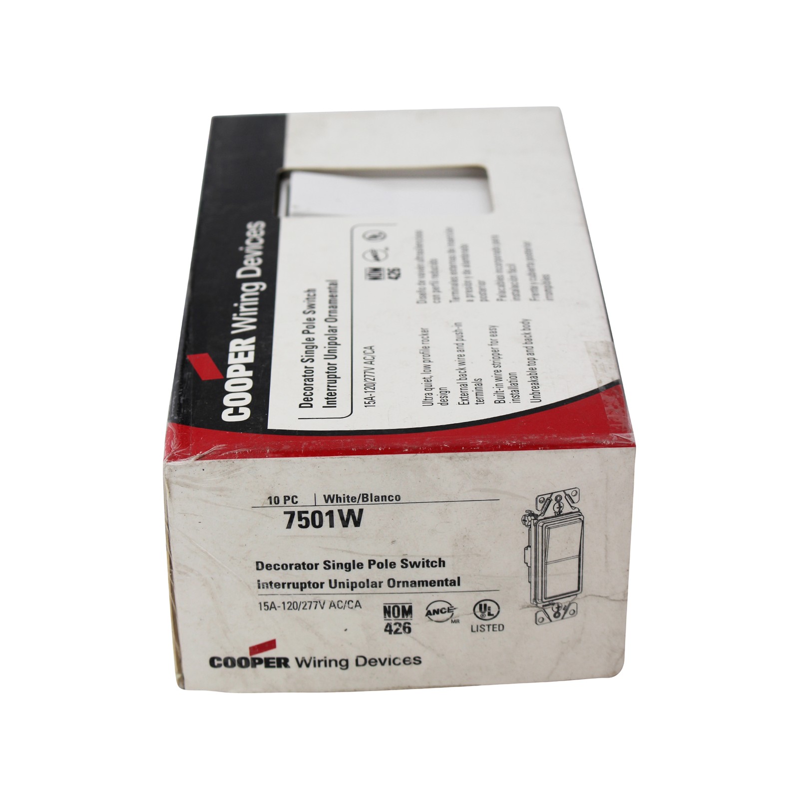 COOPER 7501W DECORATOR SINGLE POLE SWITCH, 15A, 120/277V, WHITE (10 PACK)