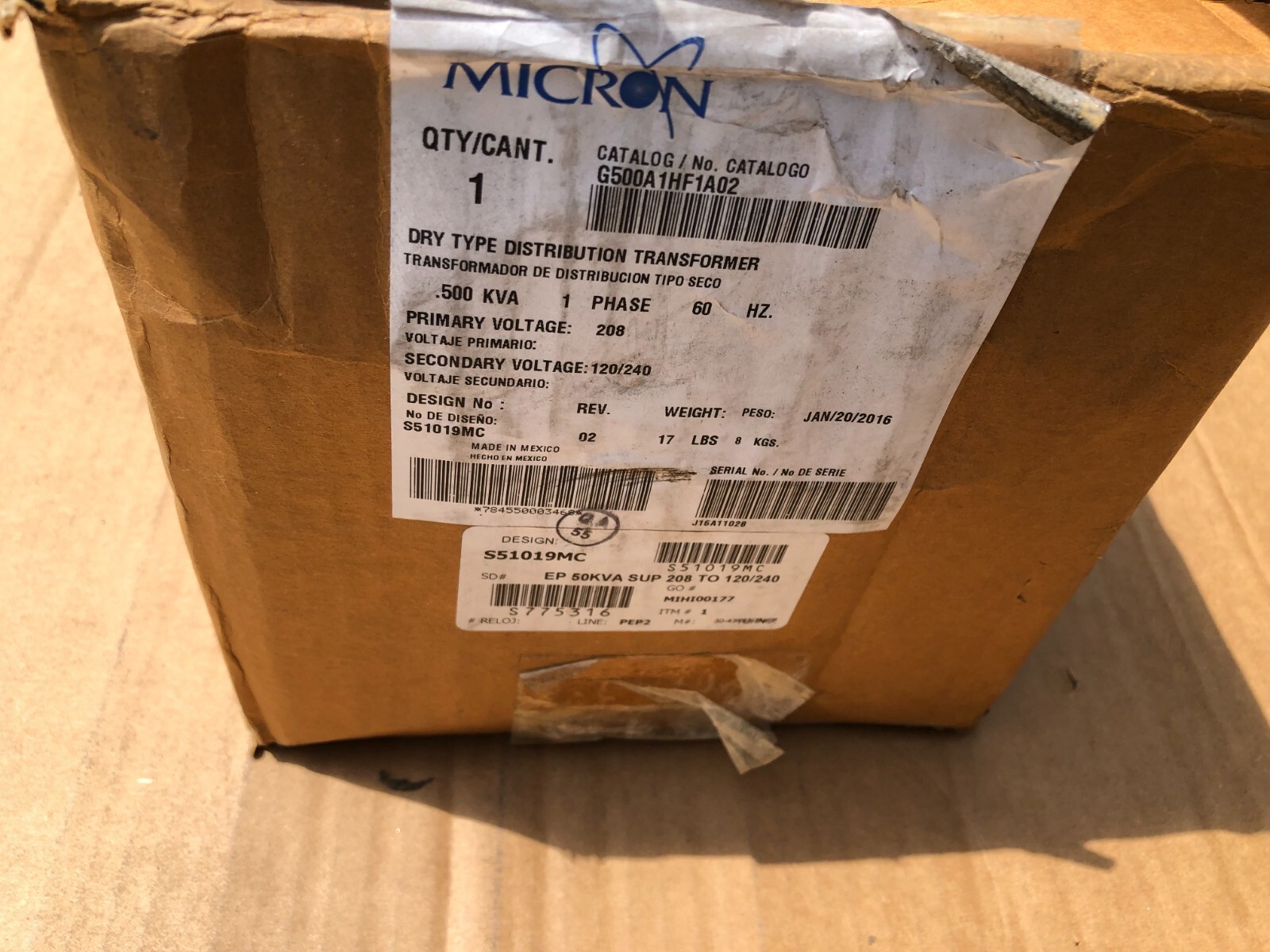 Micron G500A1HF1A02 Low Voltage General Purpose Transformer New