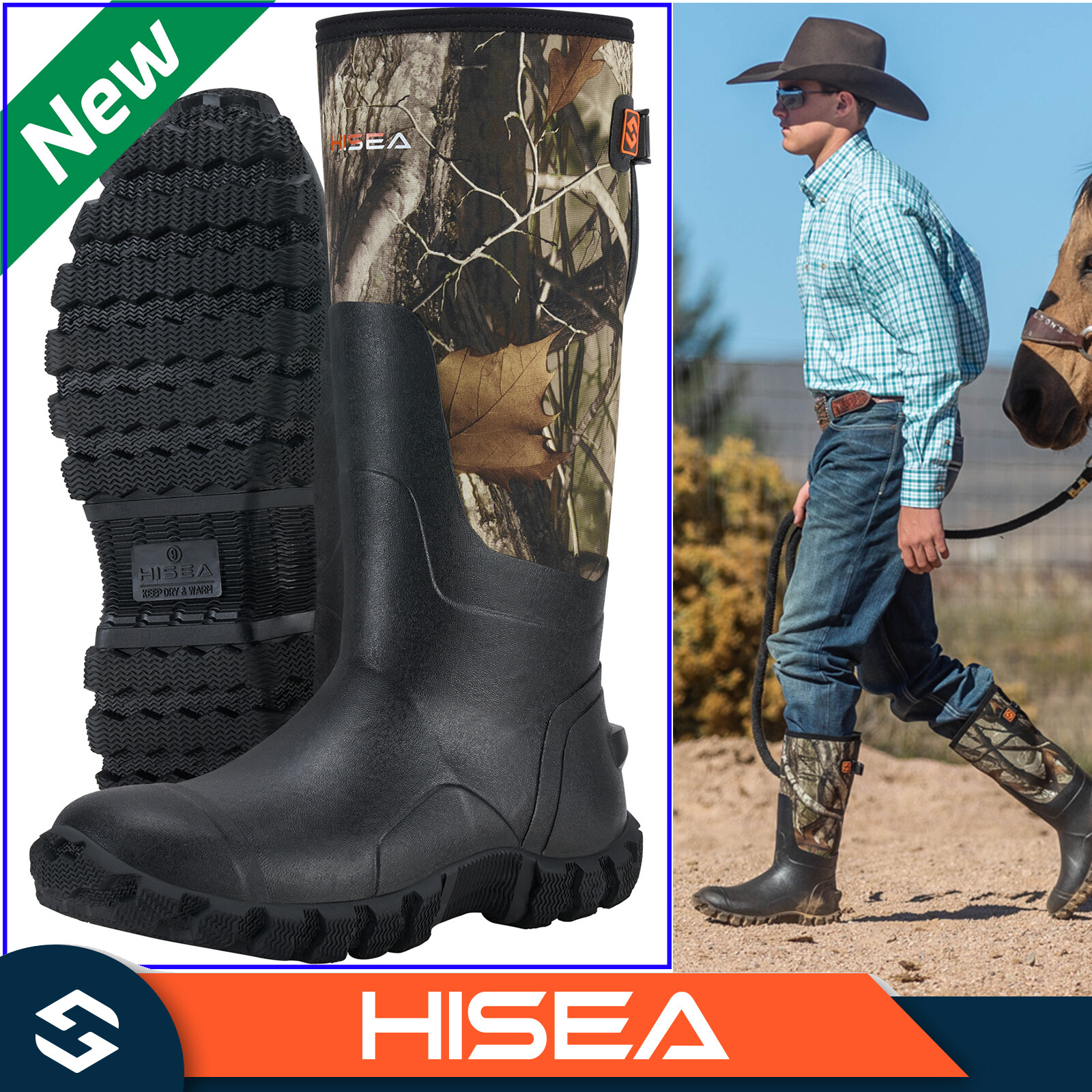 HISEA Men Mid-Calf Rain Boots Waterproof Insulated Hunting Chore Mud Work Boots