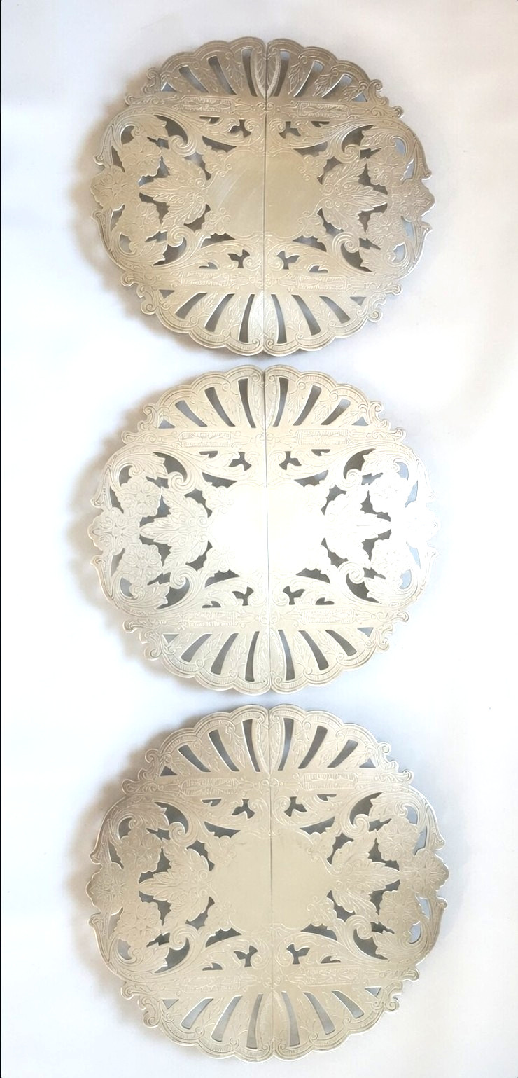 3 Vintage Wallace Silver Plated Expandable Trivet Hot Plate 7333 Floral Design
