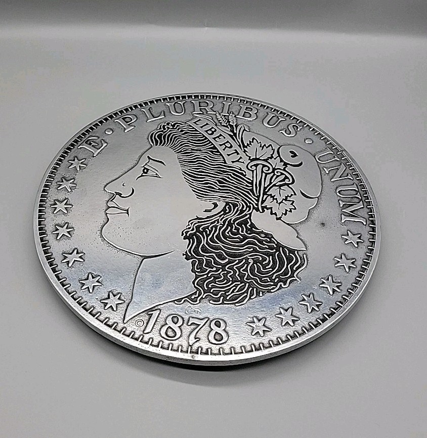 1878 Morgan Silver Dollar 12” Trivet or Wall Plaque Hanging Sign Pewter USA RWP