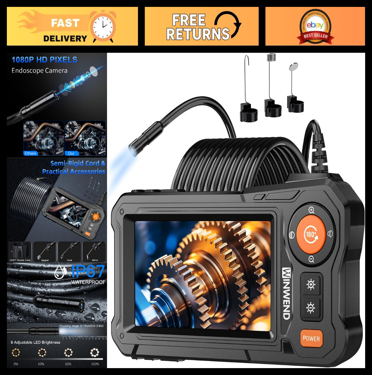 HD Endoscope Camera with 8 LED Lights, Waterproof Borescope for Automotive & Plu