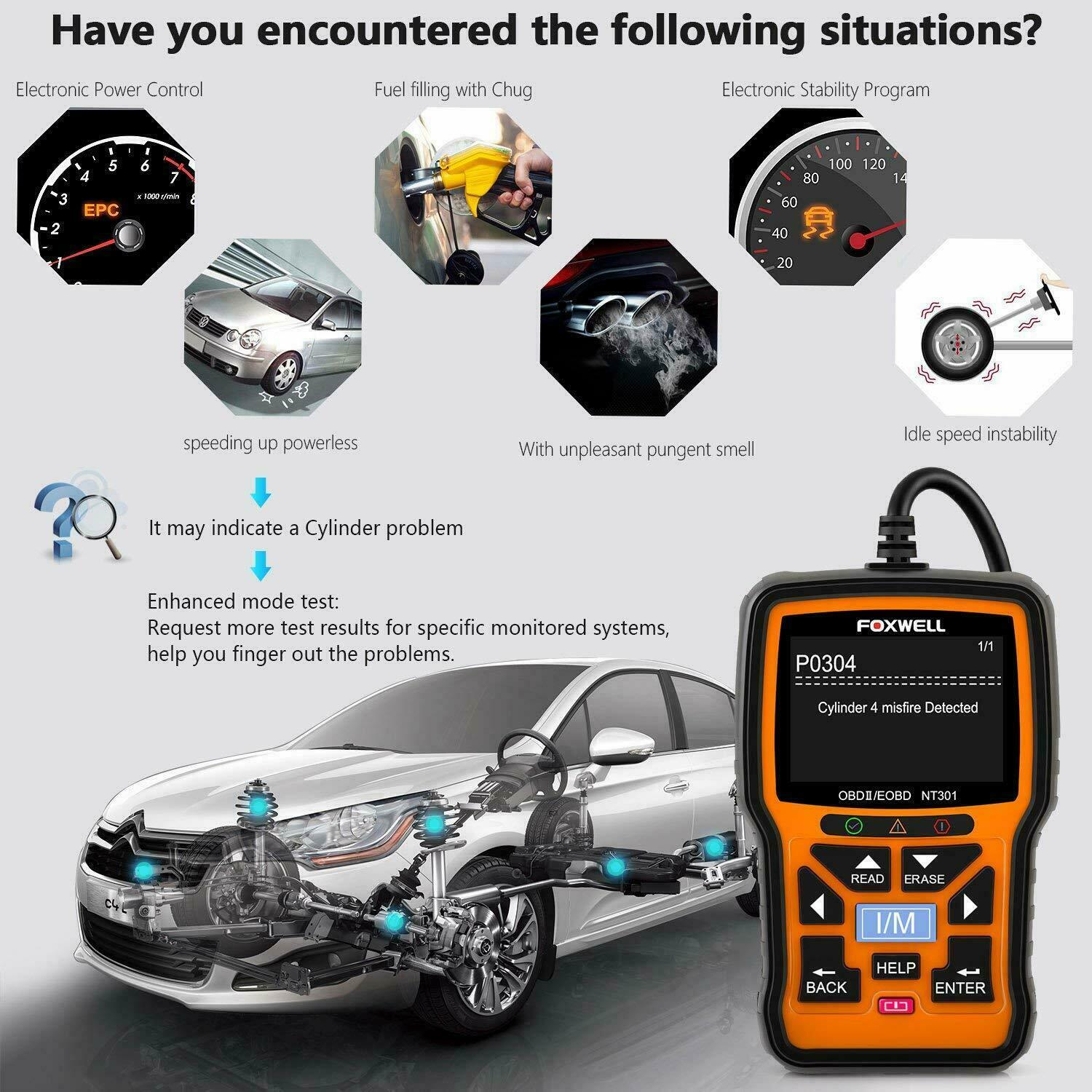 FOXWELL NT301 Automotive Car OBD2 Scanner Code Reader Engine Fault Diagnostic US