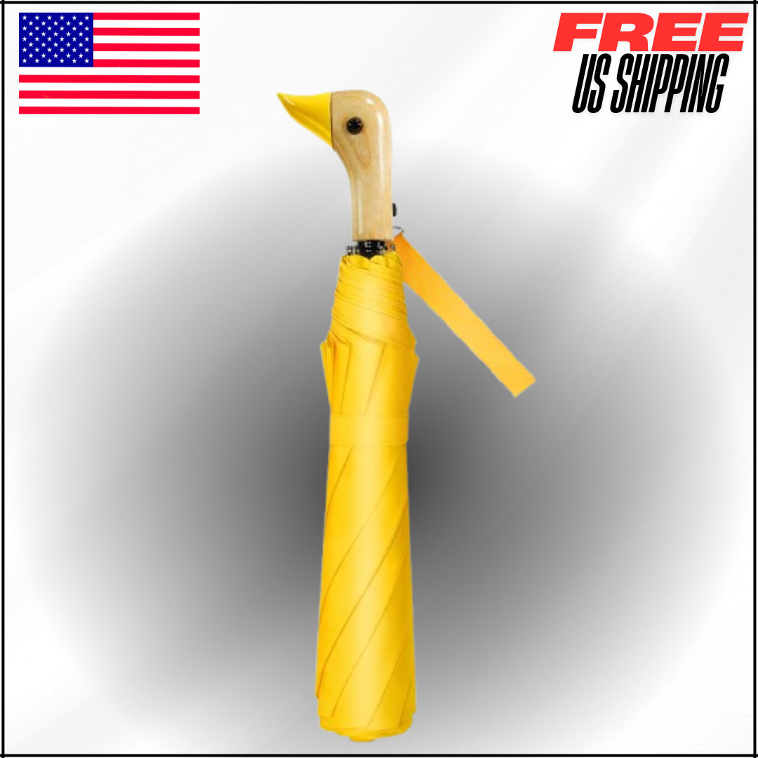 Kids Duck Handle Umbrella Compact Folding Windproof Travel Wooden Duck Design