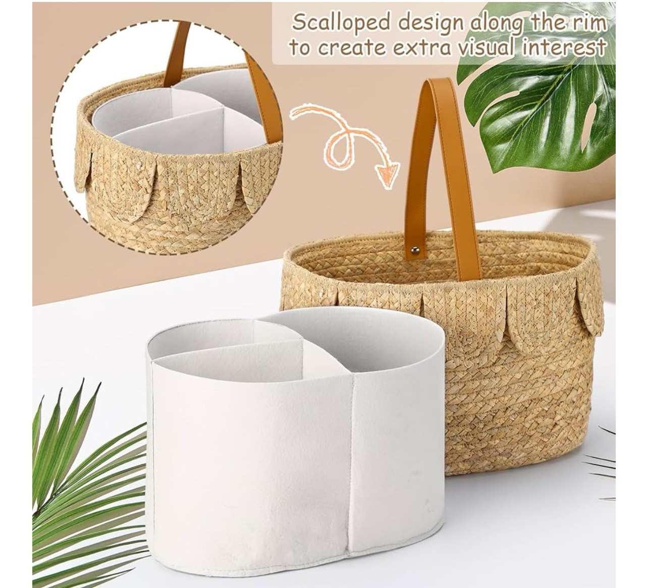NEW Basket Scalloped Handle Tote Compartments Diaper Bag