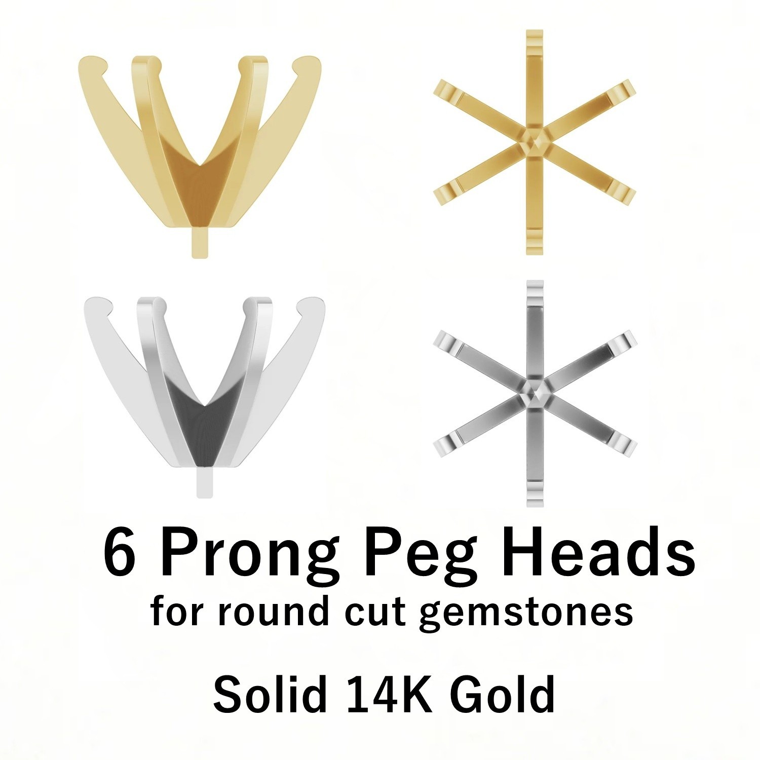 14K Solid Gold 6 Prong Low Peg Head Setting for Round Cut Standard Design USA