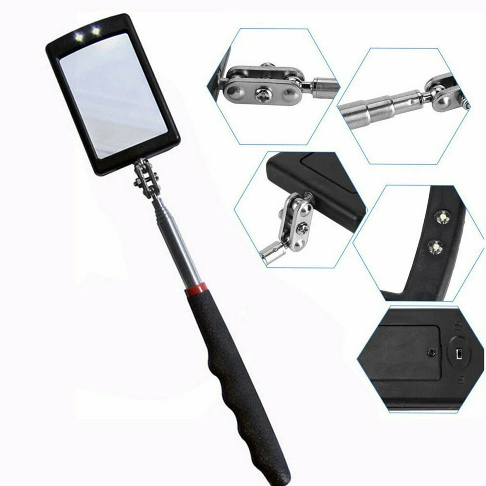 Inspection Mirror LED Lighted Mechanic Telescoping illuminate Swivel Extendable