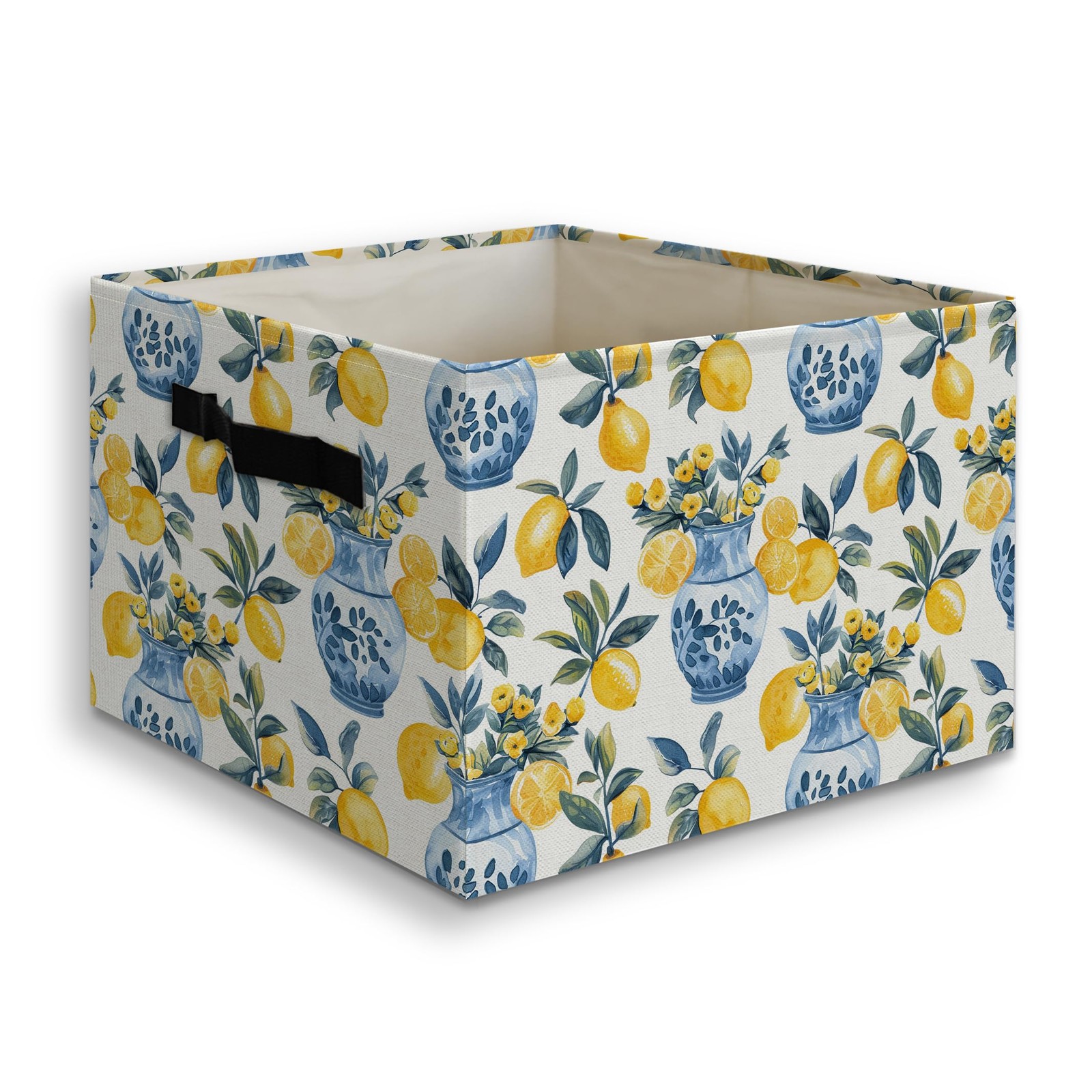 Chinoiserie Italian Lemon Floral Foldable Storage Bins with Handles, Mediterr...