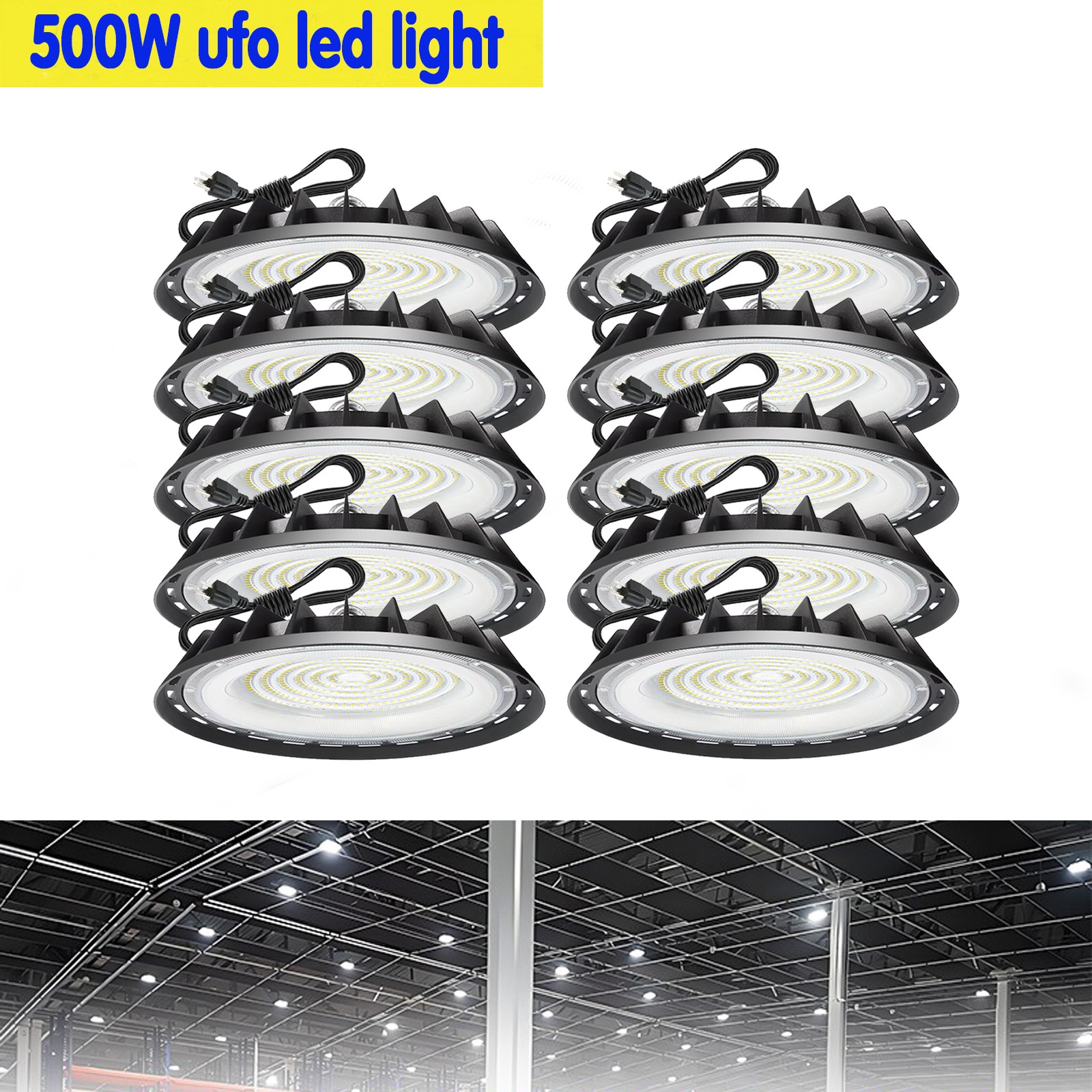 10Pack 500W UFO Led High Bay Light Warehouse Factory Commercial Industrial Light
