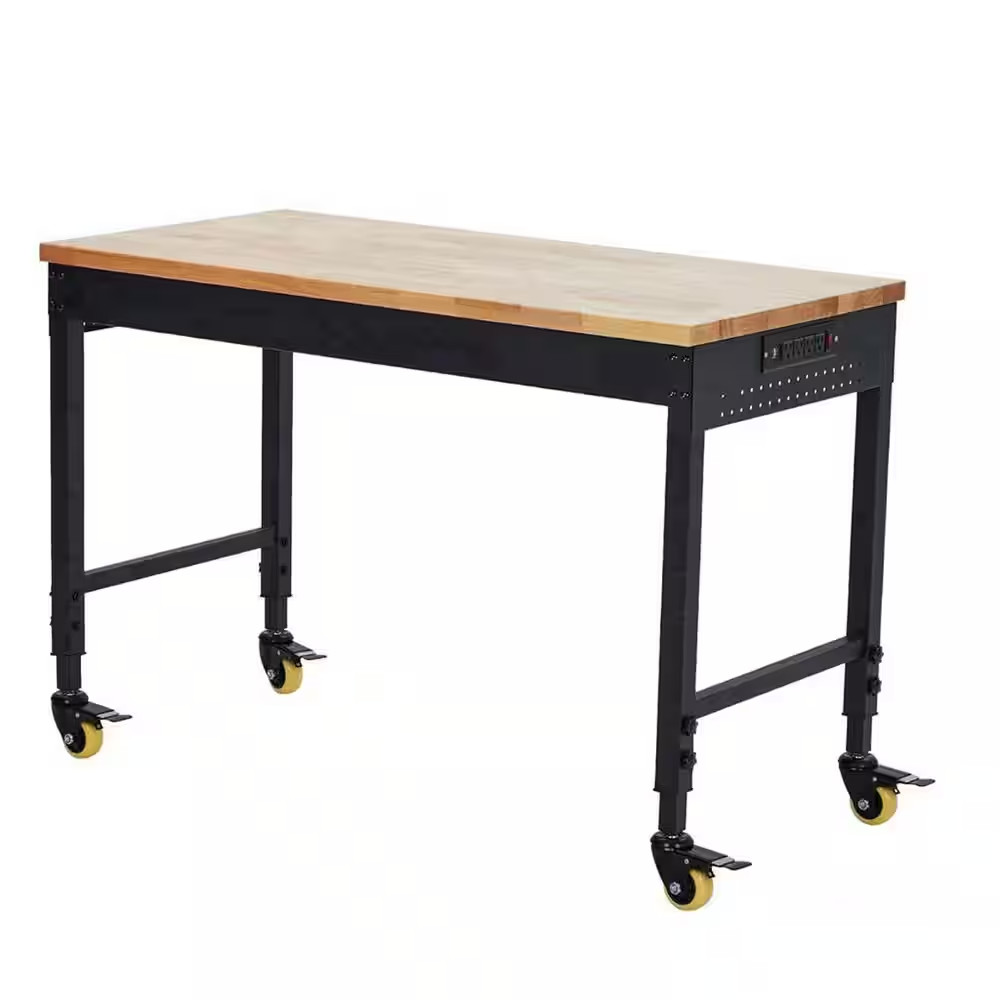 Heavy Duty 48 In. W X 24 In. D Black Steel Mobile Workbench with Rubberwood Top,
