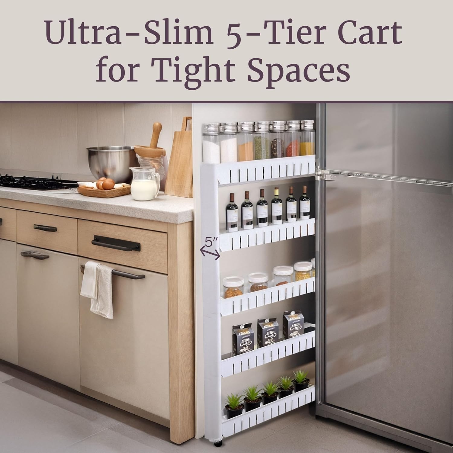 Mobile 5-Tier Slim Storage Tower - Perfect for Tight Spaces & Easy Access