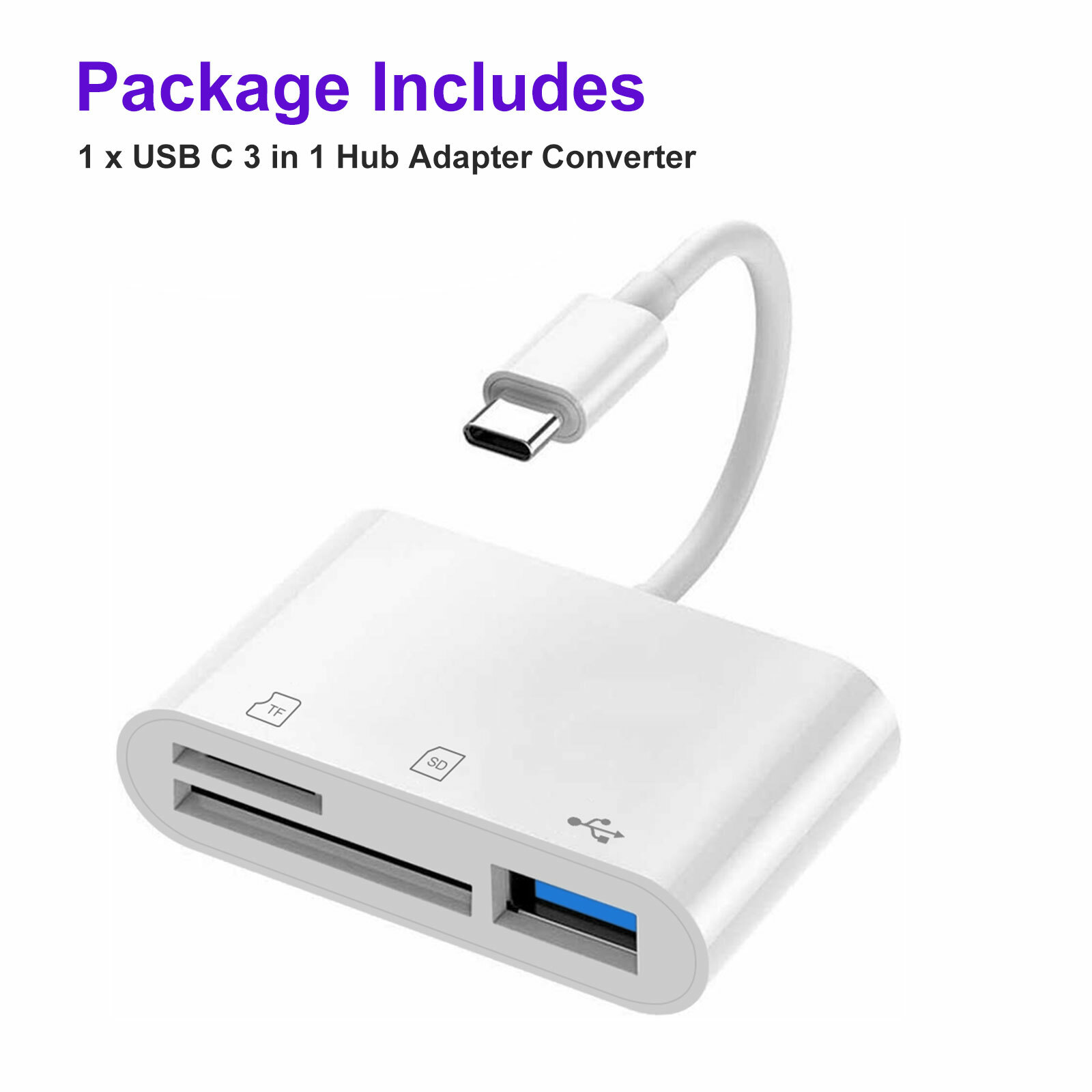 USB C Hub Converter 3-in-1 Type-C Adapter SD Card Reader For iPhone 15 Pro Max