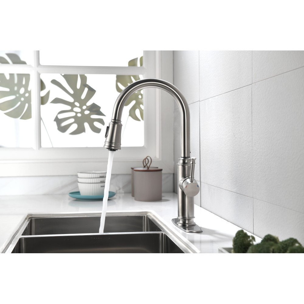 Single Handle High Arc Pull Out Kitchen Faucet Single Level Stainless Steel