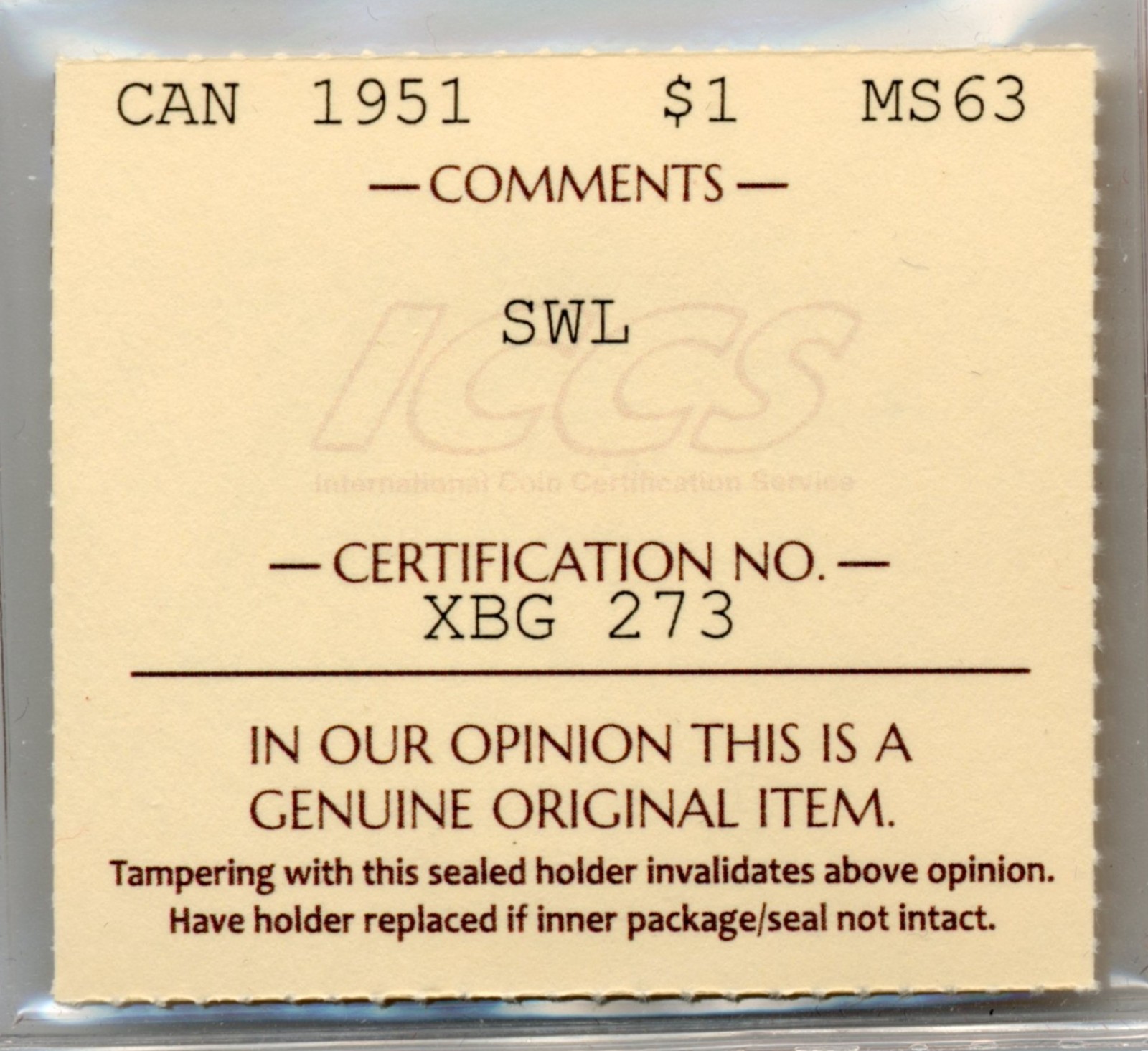 1951 Canada Silver Dollar, Short Waterline - Choice Uncirculated, ICCS MS63
