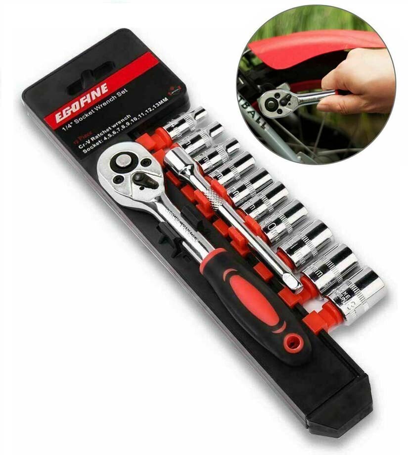 12pcs/Set 1/4 Inch Ratchet Socket Wrench Set Drive Socket Set with 10 Socket