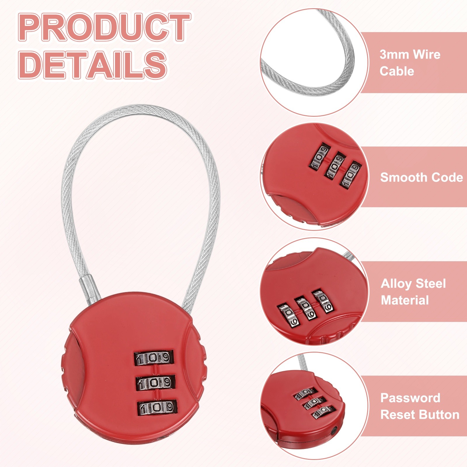 3-Pack Combination Locker Lock, 3 Digit Padlock for Gym/Luggage [Red]