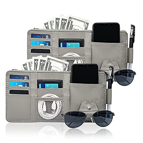 2Pcs Car Sun Visor Organizer with Zipper Pocket, Car Truck Visor 2 Pack-Gray