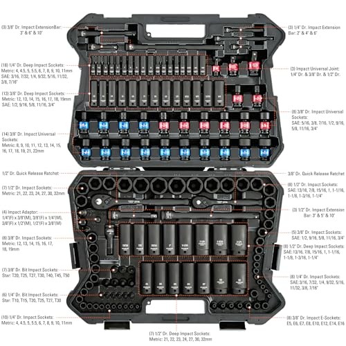 STARWORK 153 Piece 1/4 3/8 1/2 Drive Master Impact Socket Set
