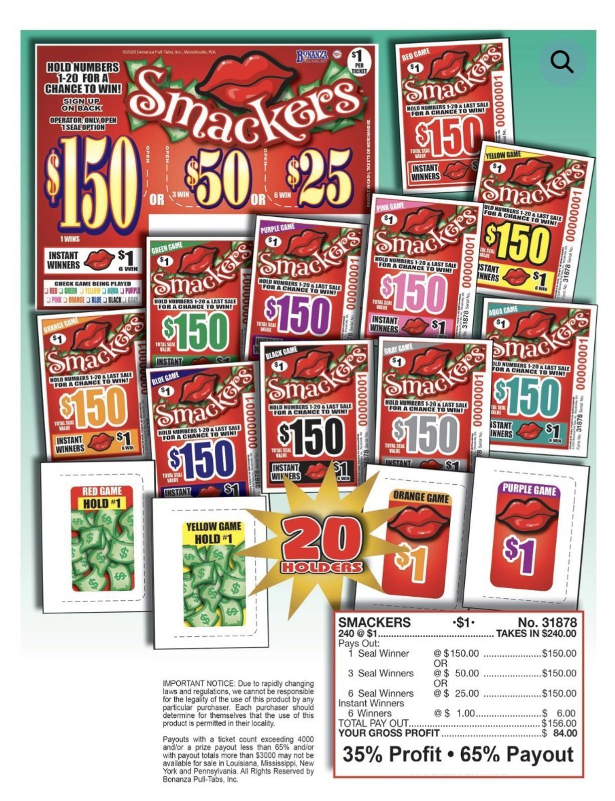 Pull Tab Ticket - Hard Card - Game - Smackers - 240 ct