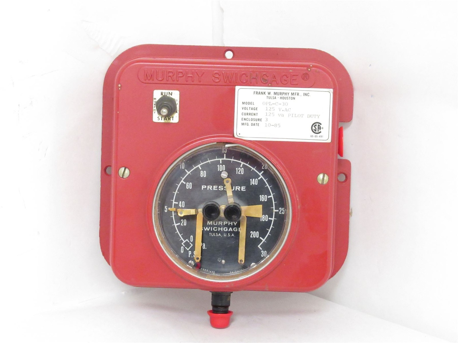 225340 New-No Box; FWMurphy OPL-C-30 SwitchGage; 125VAC; 0-30PSI; 0-200kPa
