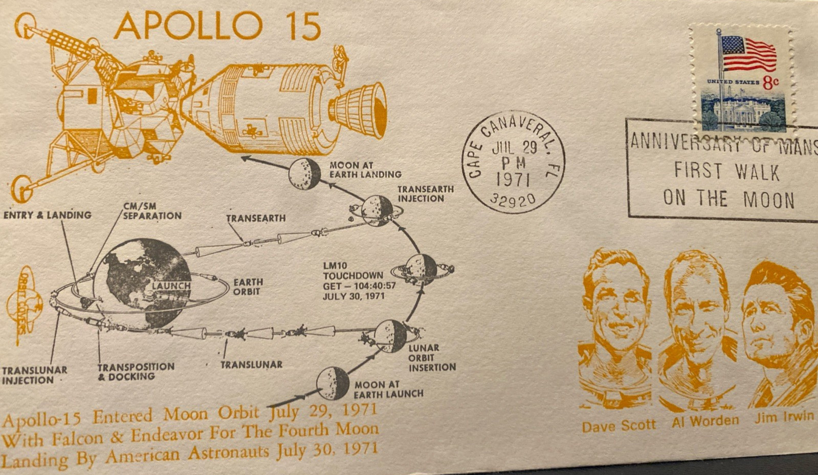 APOLLO 15 ENTERS MOON ORBIT:  CAPE CANAVERAL 29 JULY 1971  ORBIT COVERS CACHET